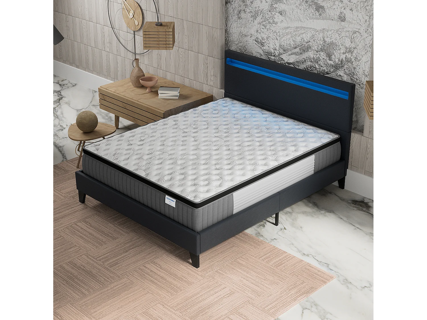 Ensemble Matelas + lit 140x190 cm, Matelas 30cm ressorts ensachés + mémoire de forme, lit à tête de lit LED similicuir noir
