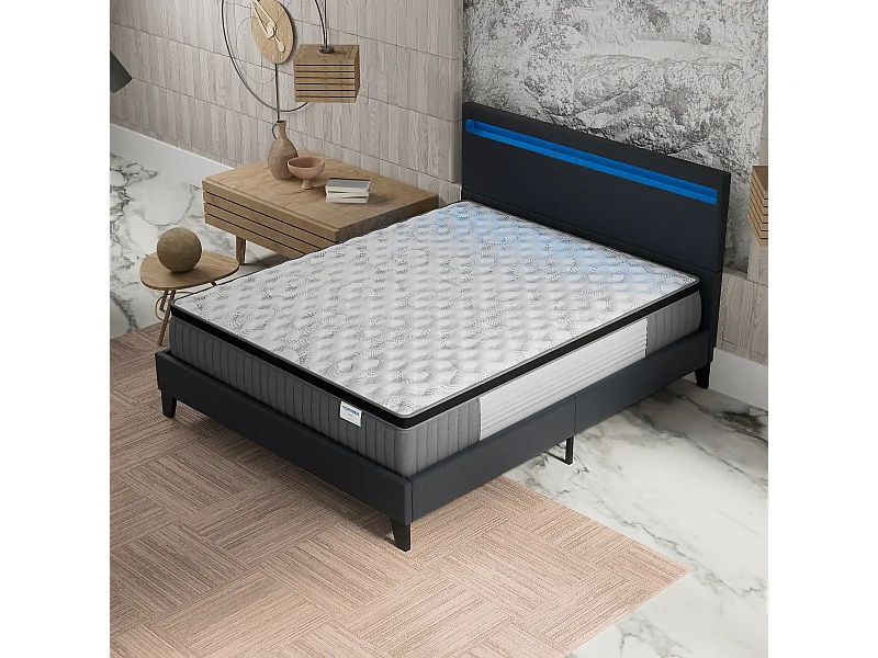 Ensemble Matelas + lit 140x190 cm, Matelas 30cm ressorts ensachés + mémoire de forme, lit à tête de lit LED similicuir noir