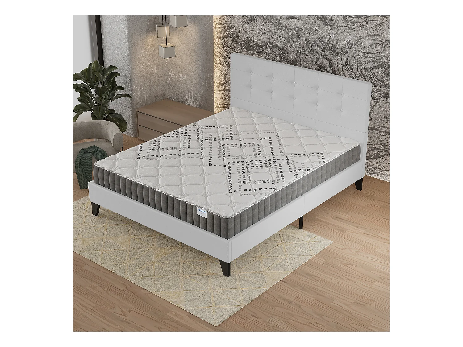 Ensemble 120x190 cm, lit avec tête de lit + matelas ressorts ensachés, ép.20cm accueil mousse HR