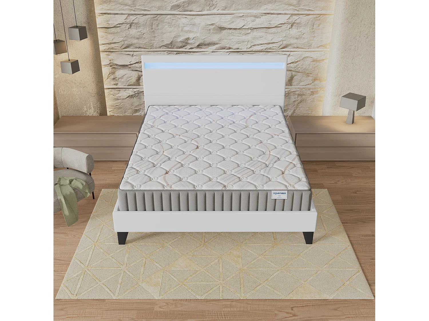 Ensemble Matelas + lit 160x200 cm, Matelas 22cm mousse, accueil latex, lit à tête de lit LED similicuir blanc