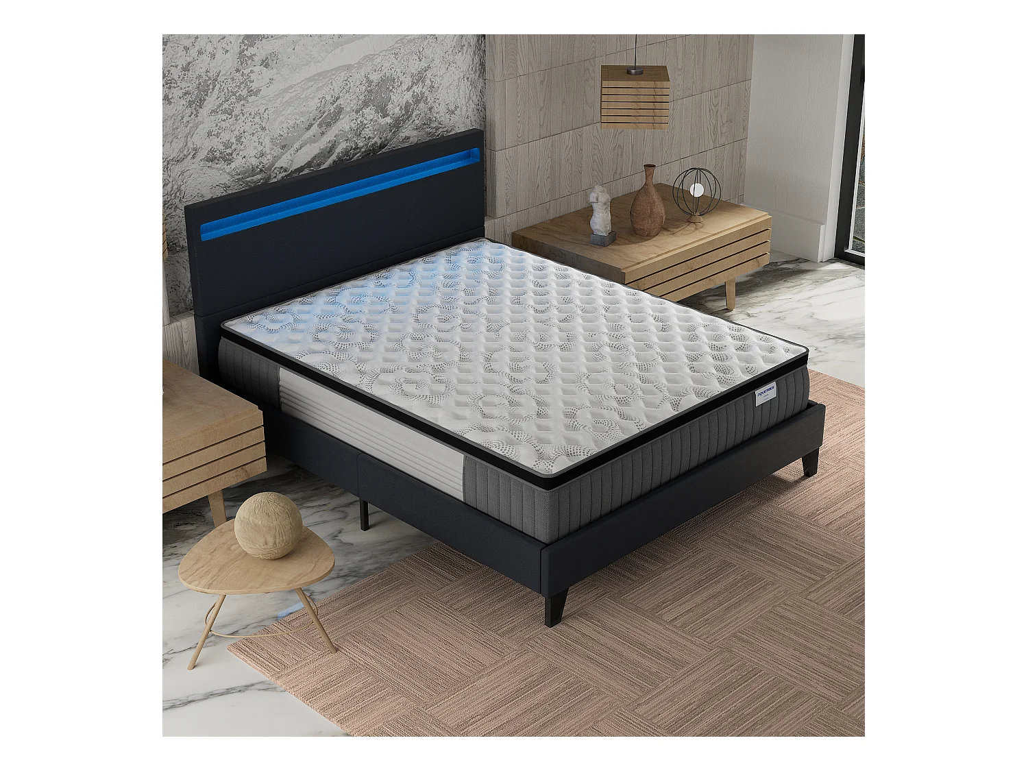 Ensemble Matelas + lit 160x200 cm, Matelas 30cm ressorts ensachés + mémoire de forme, lit à tête de lit LED similicuir noir