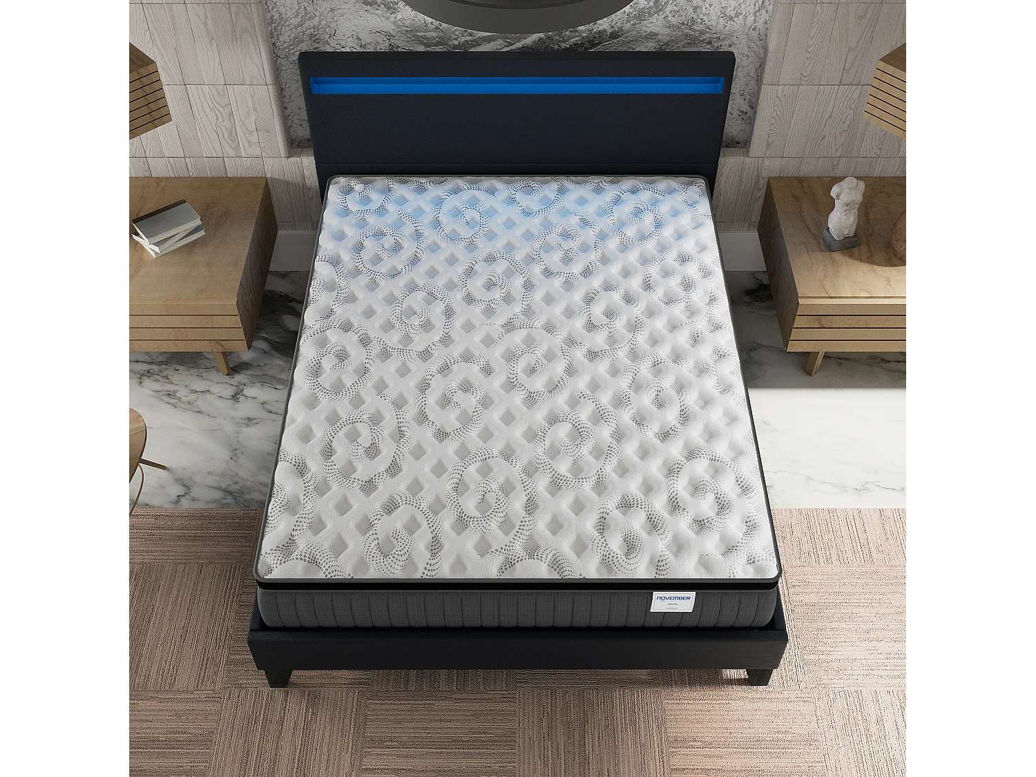 Ensemble Matelas + lit 160x200 cm, Matelas 30cm ressorts ensachés + mémoire de forme, lit à tête de lit LED similicuir noir