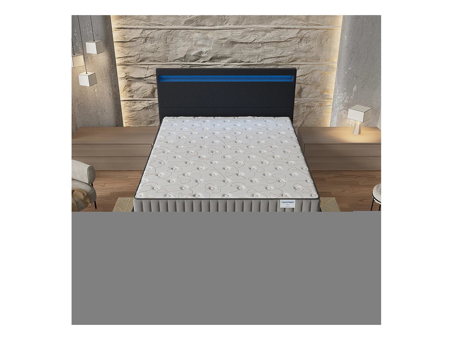 Ensemble Matelas + lit 120x190 cm, Matelas 22cm mousse, accueil mémoire de forme, lit à tête de lit LED similicuir noir