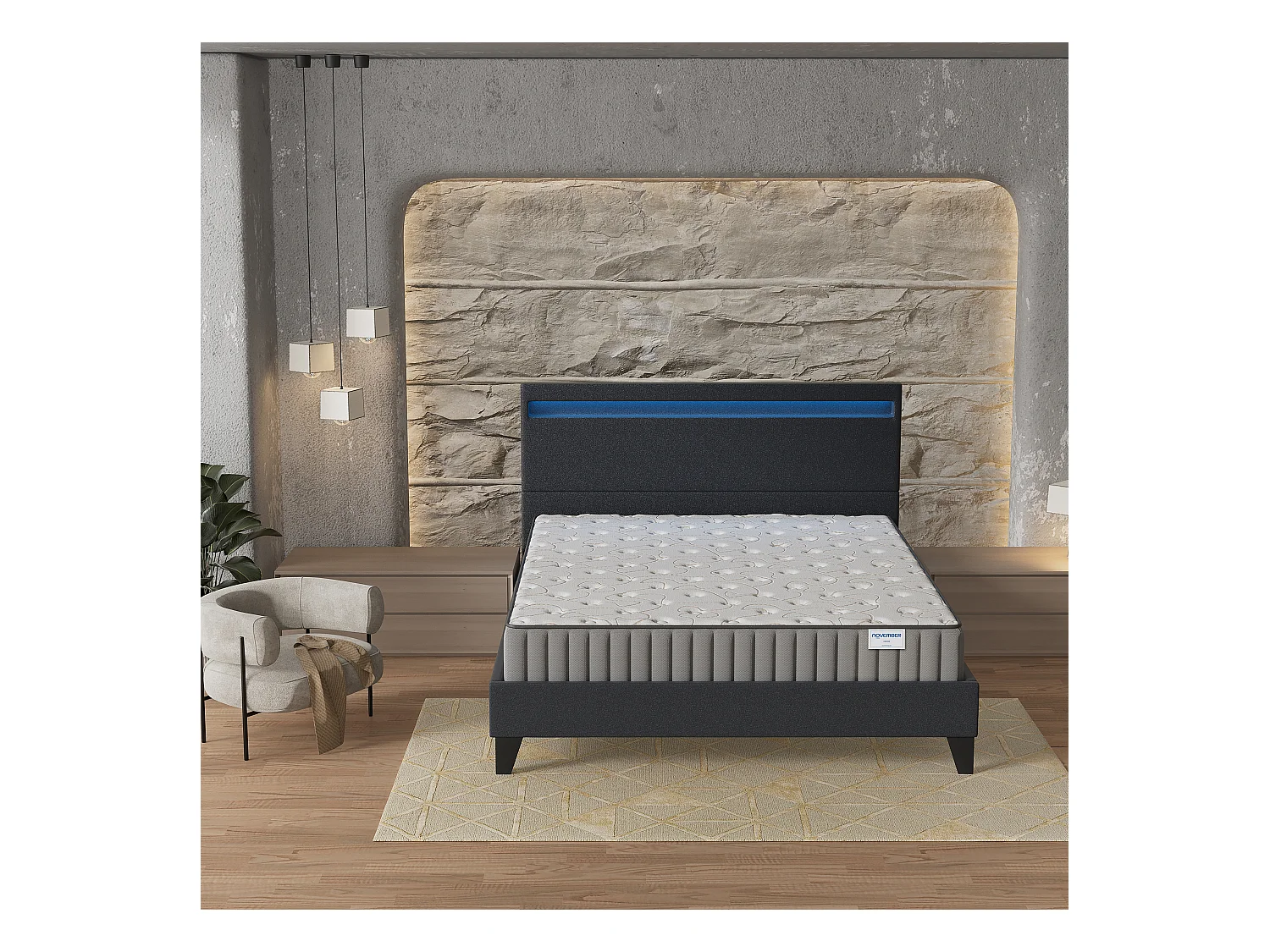 Ensemble Matelas + lit 120x190 cm, Matelas 22cm mousse, accueil mémoire de forme, lit à tête de lit LED similicuir noir