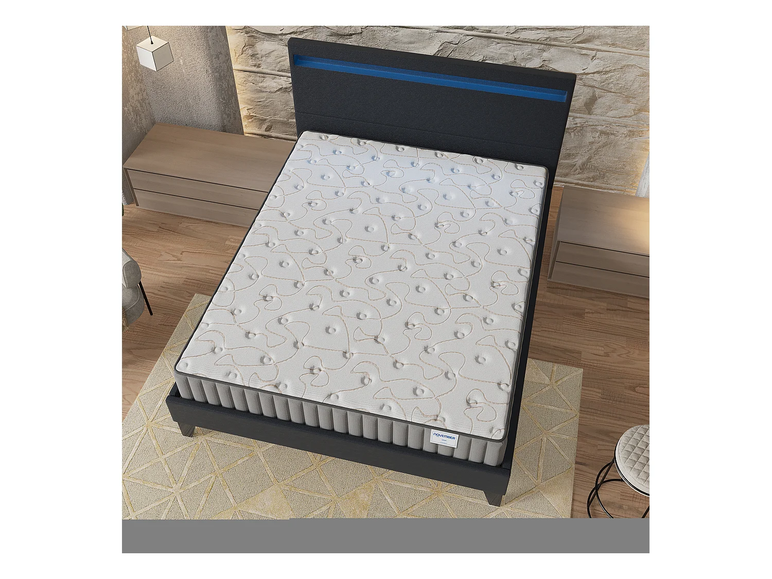 Ensemble Matelas + lit 120x190 cm, Matelas 22cm mousse, accueil mémoire de forme, lit à tête de lit LED similicuir noir