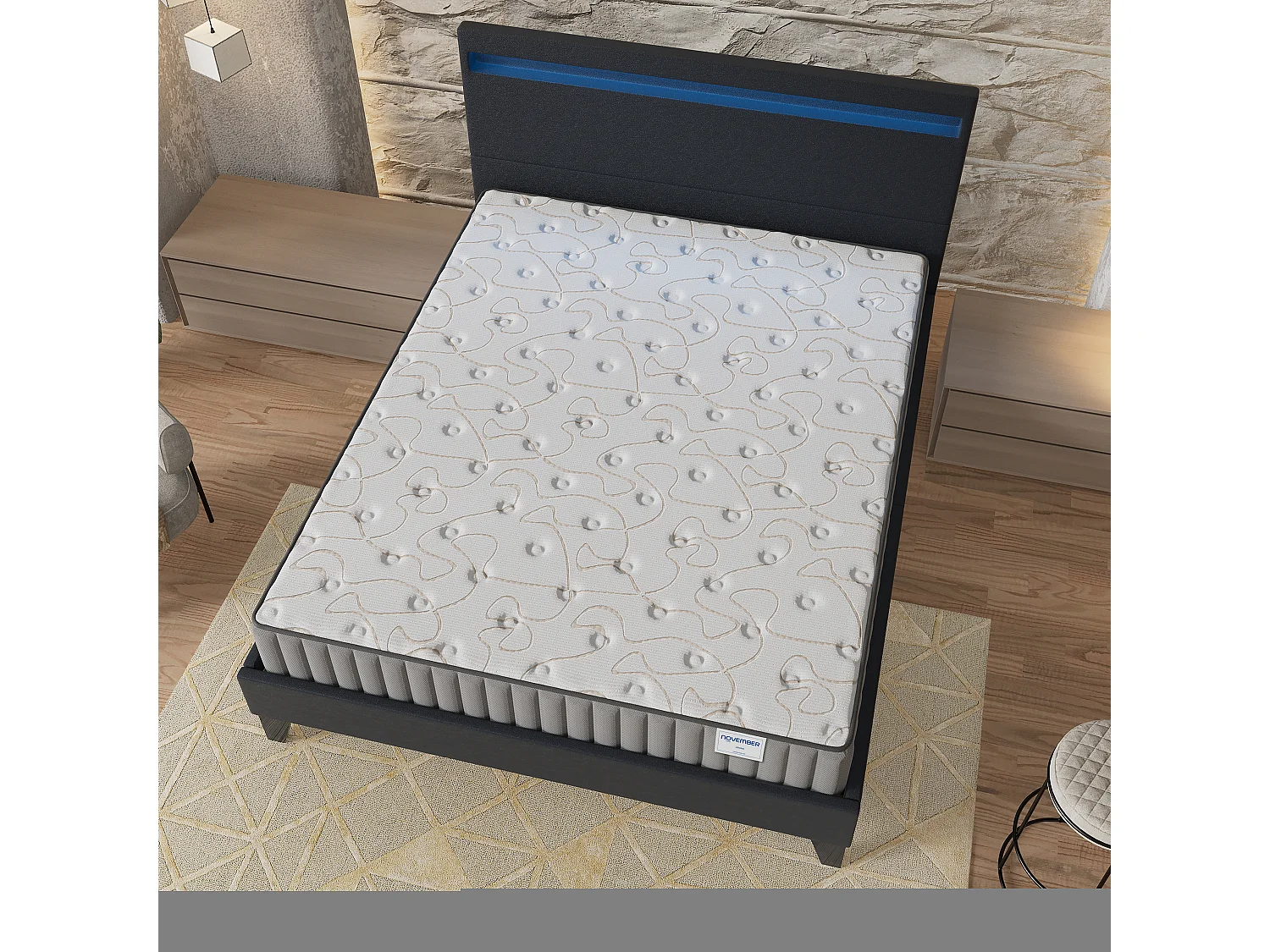 Ensemble Matelas + lit 120x190 cm, Matelas 22cm mousse, accueil mémoire de forme, lit à tête de lit LED similicuir noir