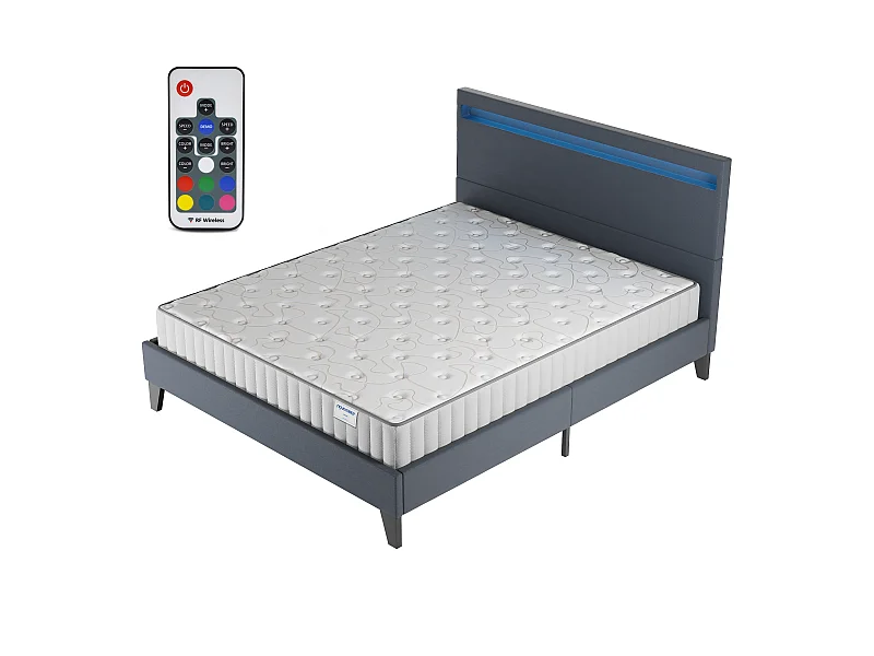 Ensemble Matelas + lit 120x190 cm, Matelas 22cm mousse, accueil mémoire de forme, lit à tête de lit LED similicuir noir