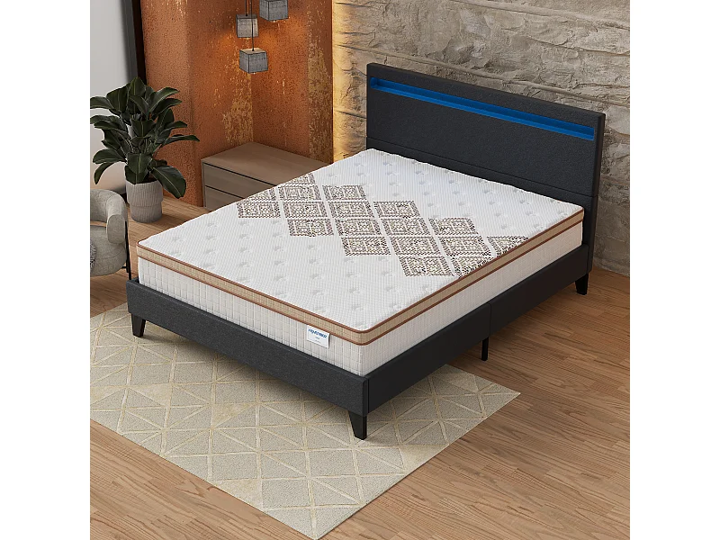 Ensemble Matelas + lit 140x190 cm, Matelas 28cm ressorts ensachés, accueil mousse, lit à tête de lit LED similicuir noir