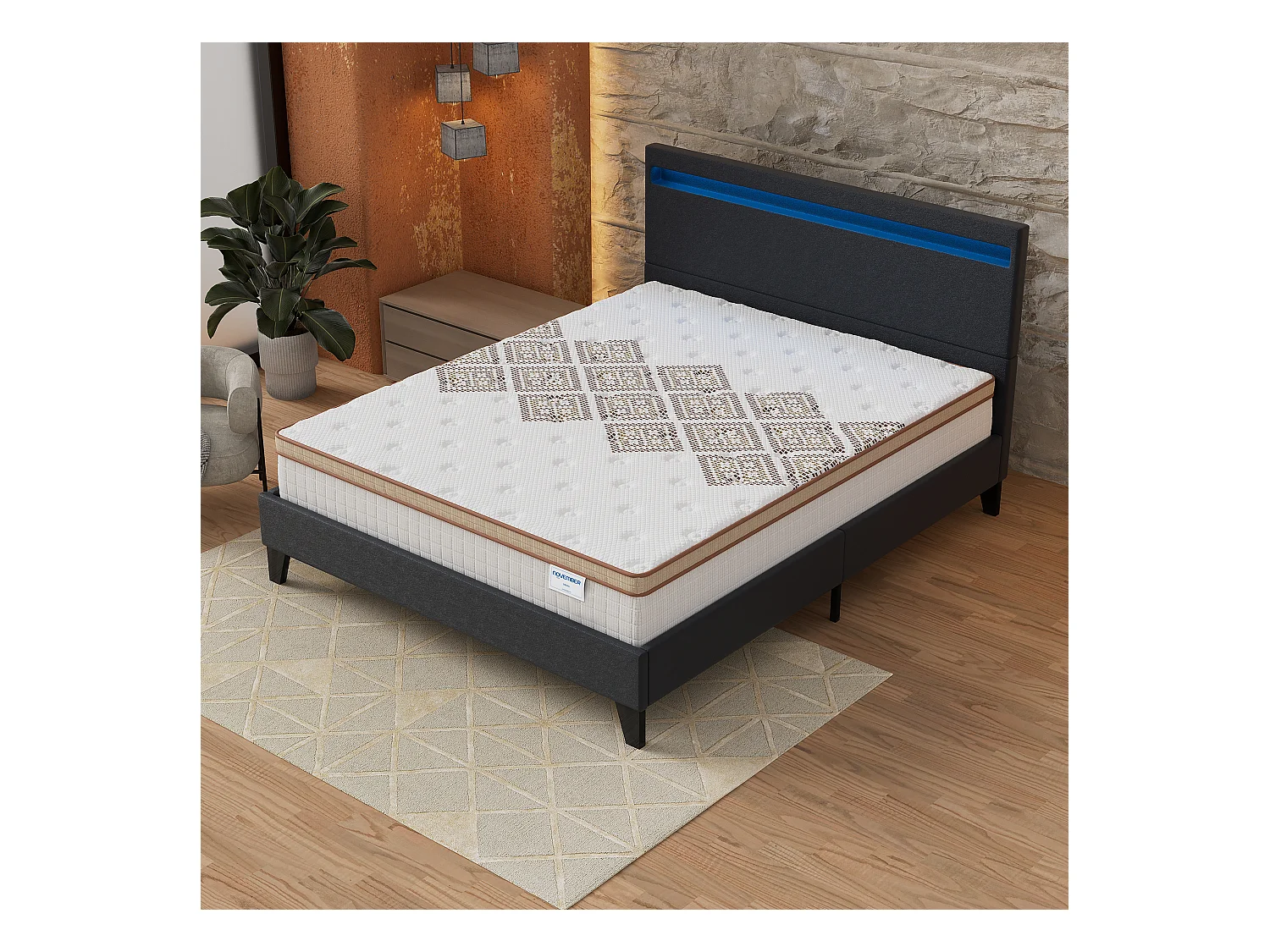Ensemble Matelas + lit 140x190 cm, Matelas 28cm ressorts ensachés, accueil mousse, lit à tête de lit LED similicuir noir