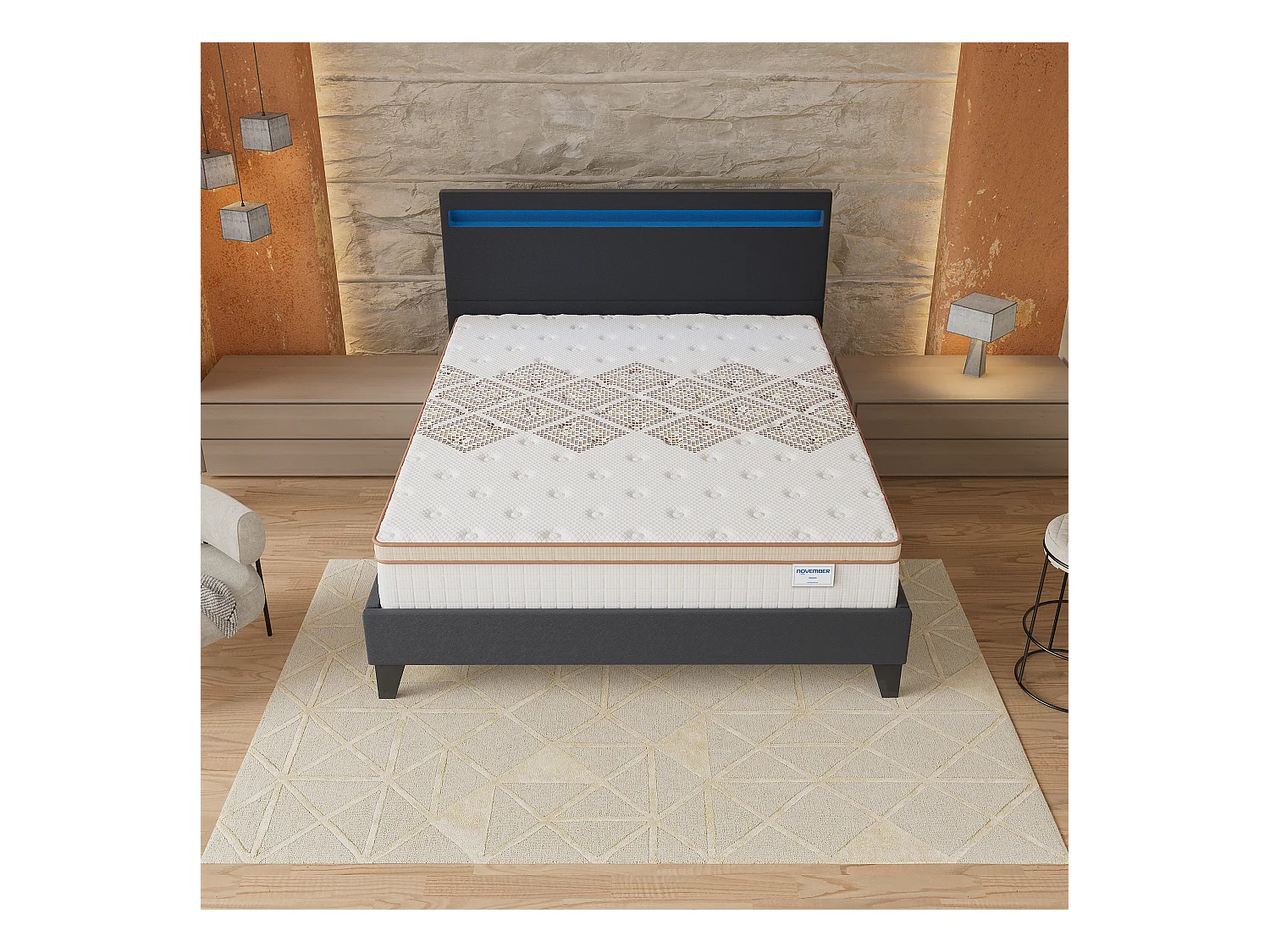 Ensemble Matelas + lit 140x190 cm, Matelas 28cm ressorts ensachés, accueil mousse, lit à tête de lit LED similicuir noir