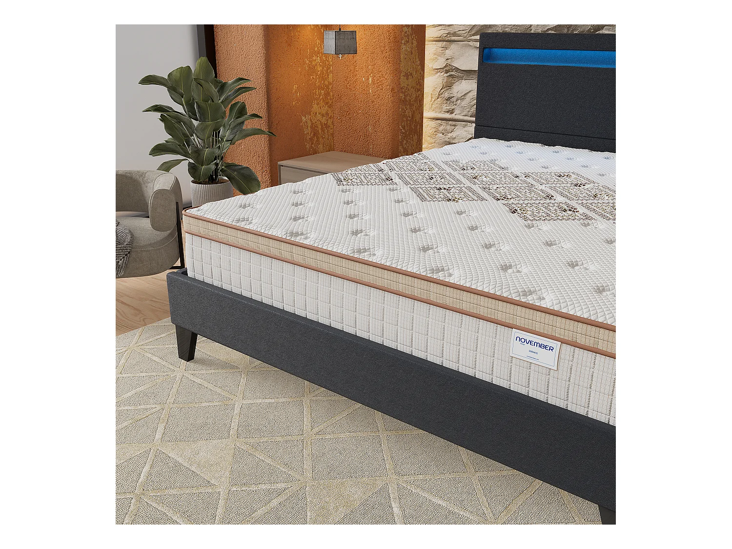 Ensemble Matelas + lit 140x190 cm, Matelas 28cm ressorts ensachés, accueil mousse, lit à tête de lit LED similicuir noir