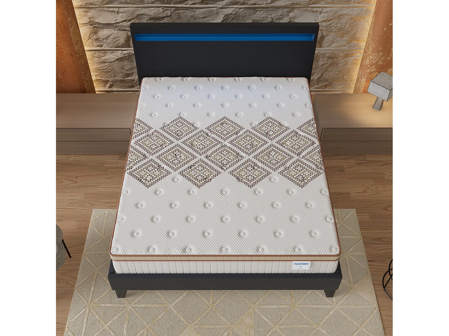 Ensemble Matelas + lit 140x190 cm, Matelas 28cm ressorts ensachés, accueil mousse, lit à tête de lit LED similicuir noir