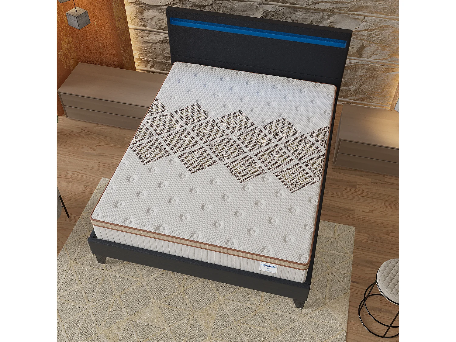 Ensemble Matelas + lit 140x190 cm, Matelas 28cm ressorts ensachés, accueil mousse, lit à tête de lit LED similicuir noir