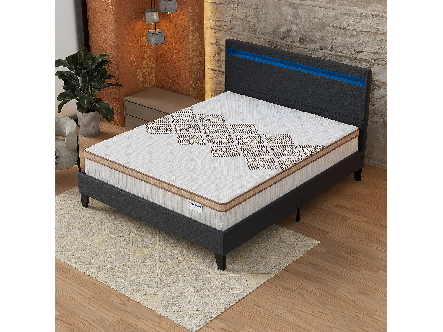 Ensemble Matelas + lit 140x190 cm, Matelas 28cm ressorts ensachés, accueil mousse, lit à tête de lit LED similicuir noir