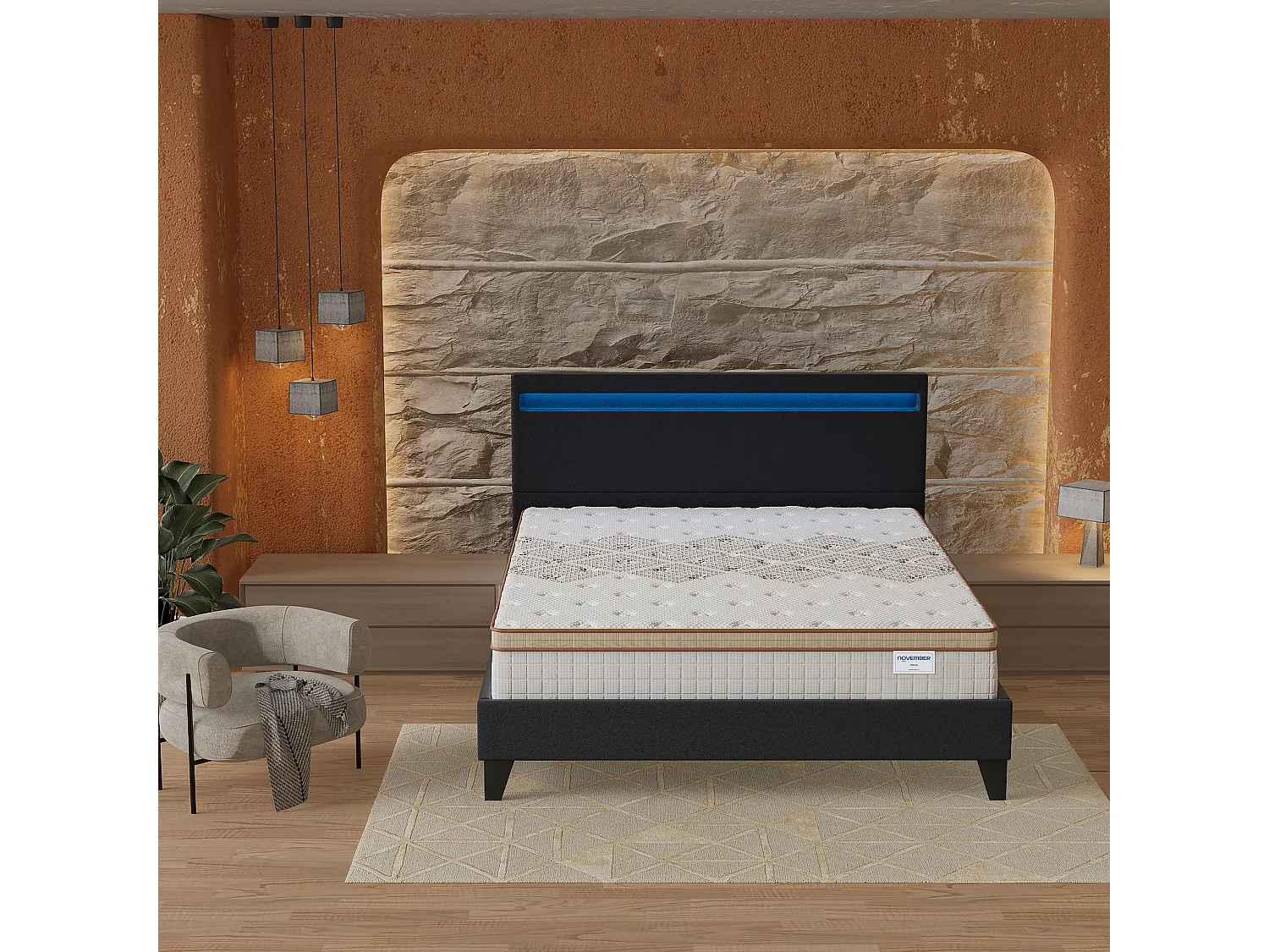 Ensemble Matelas + lit 140x190 cm, Matelas 28cm ressorts ensachés, accueil mousse, lit à tête de lit LED similicuir noir