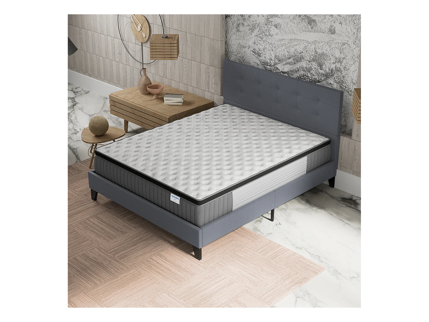 Ensemble matelas + lit 140x200 cm, matelas 30cm ressorts ensachés + mémoire de forme, lit à tête de lit capitonnée similicuir gris