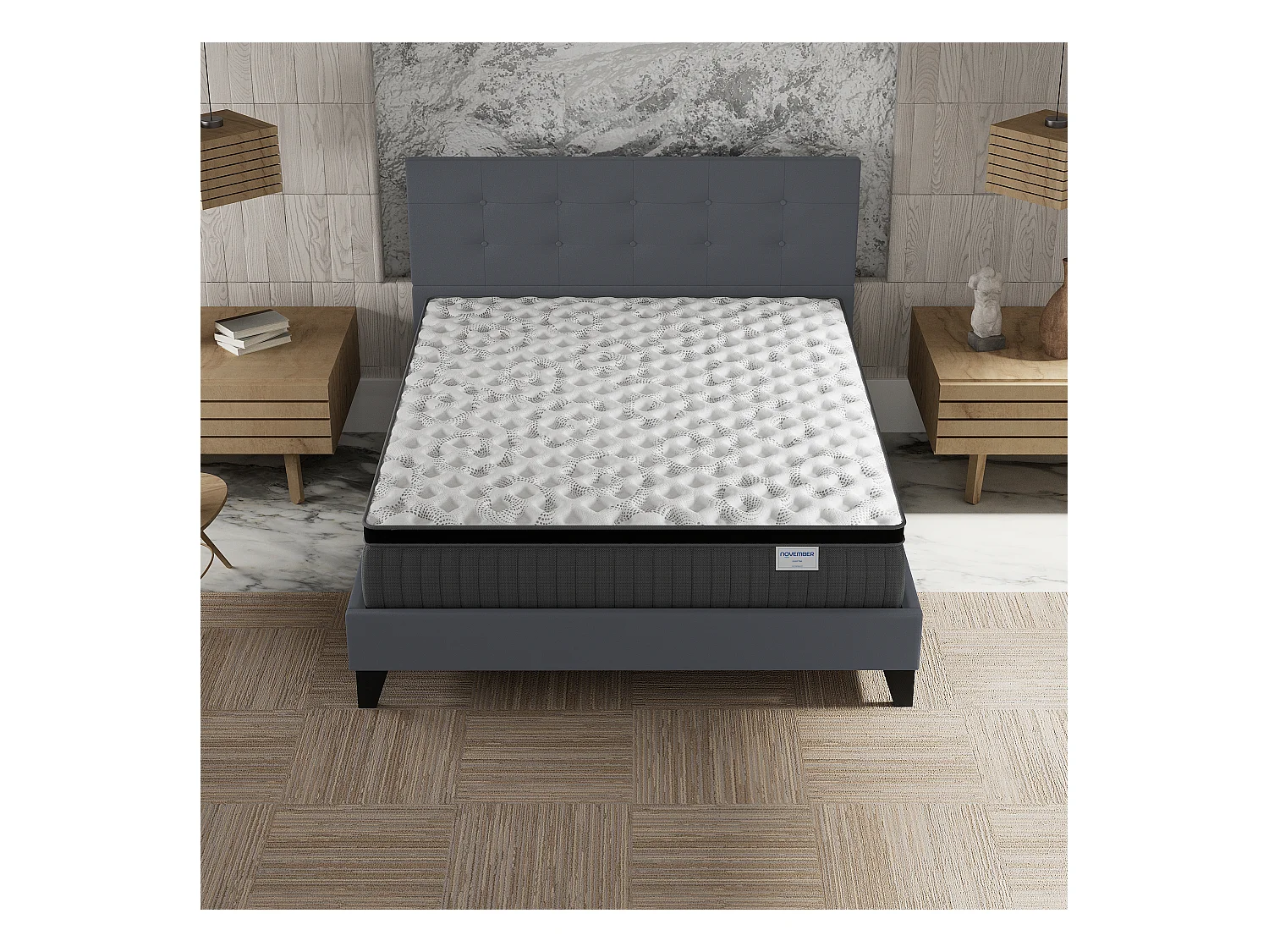Ensemble matelas + lit 140x200 cm, matelas 30cm ressorts ensachés + mémoire de forme, lit à tête de lit capitonnée similicuir gris