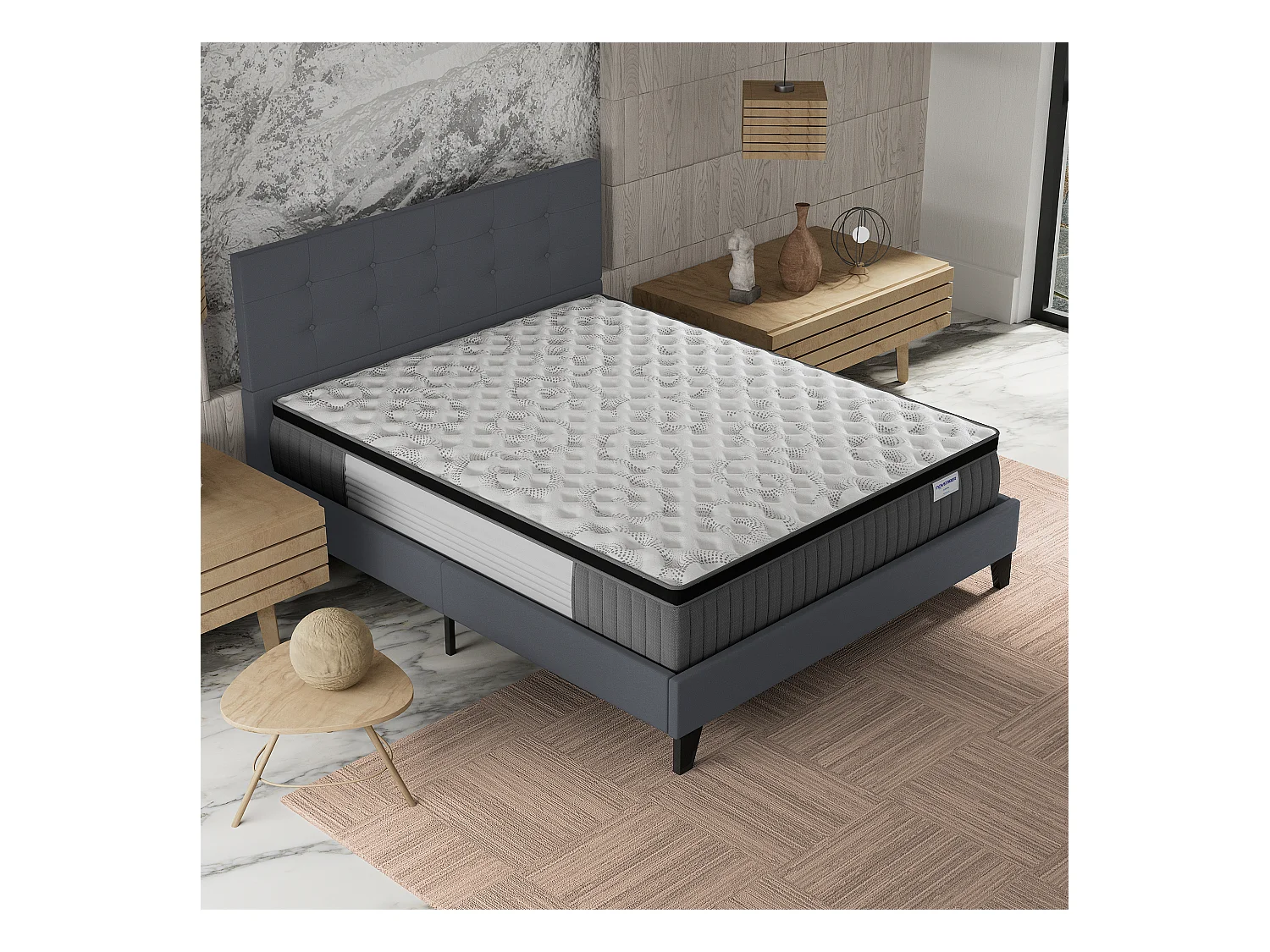 Ensemble matelas + lit 140x200 cm, matelas 30cm ressorts ensachés + mémoire de forme, lit à tête de lit capitonnée similicuir gris