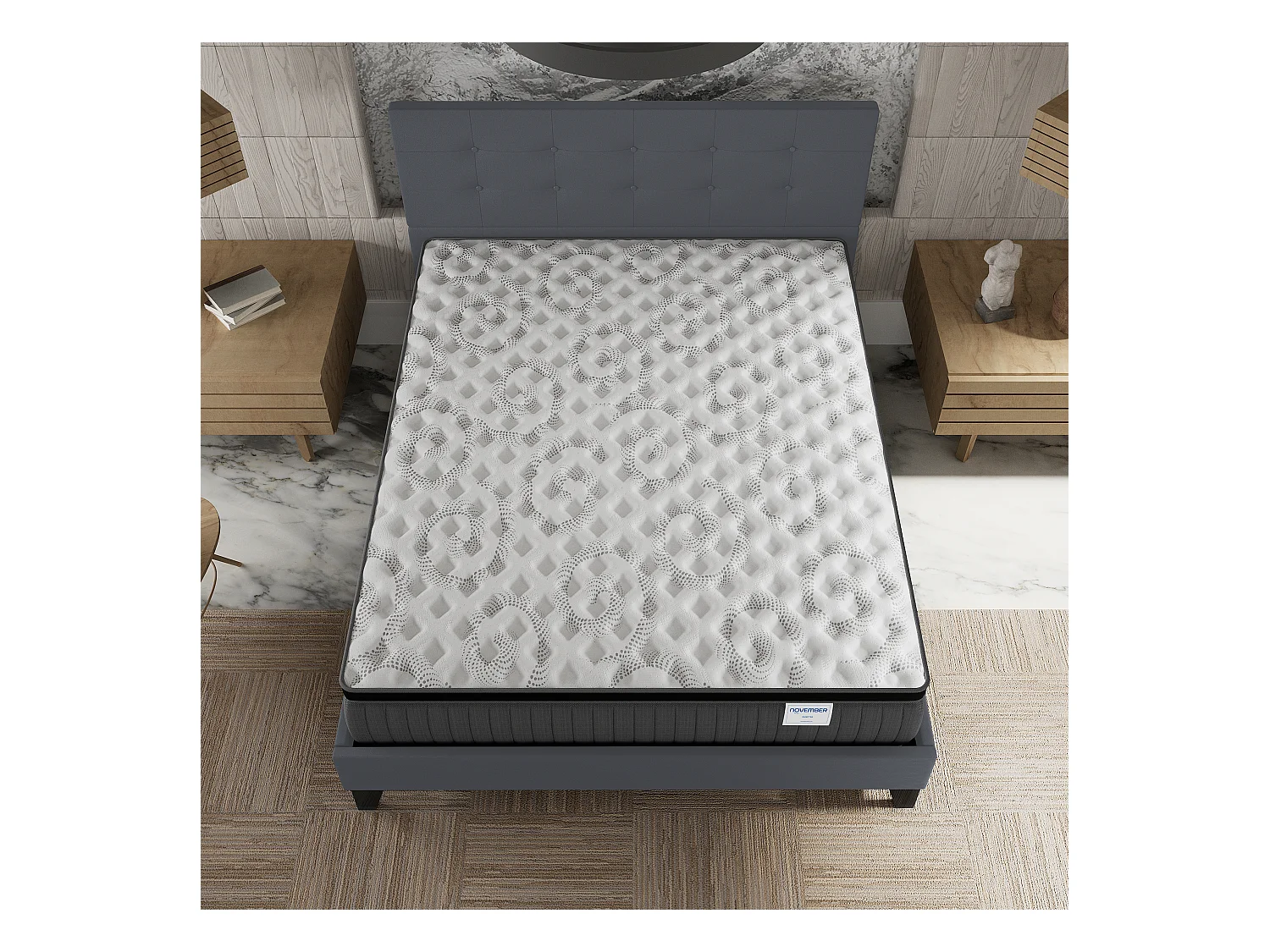 Ensemble matelas + lit 140x200 cm, matelas 30cm ressorts ensachés + mémoire de forme, lit à tête de lit capitonnée similicuir gris