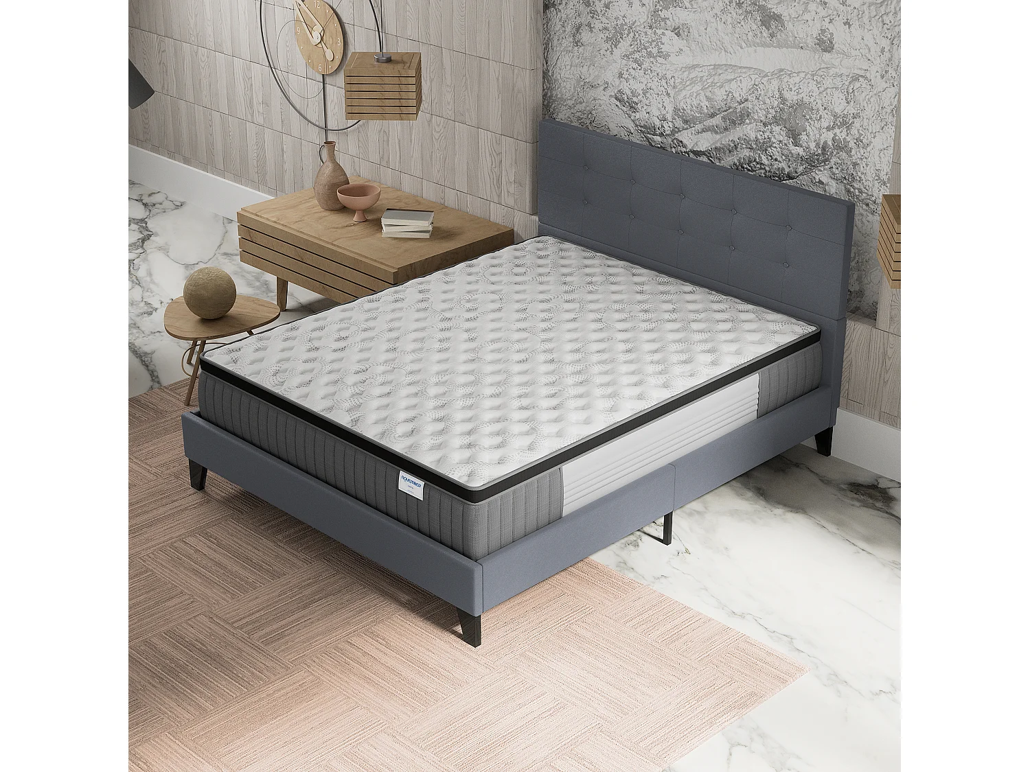 Ensemble matelas + lit 140x200 cm, matelas 30cm ressorts ensachés + mémoire de forme, lit à tête de lit capitonnée similicuir gris