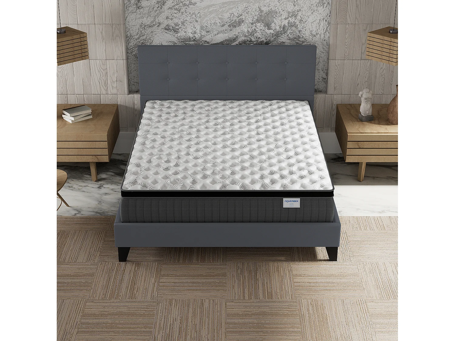 Ensemble matelas + lit 140x200 cm, matelas 30cm ressorts ensachés + mémoire de forme, lit à tête de lit capitonnée similicuir gris
