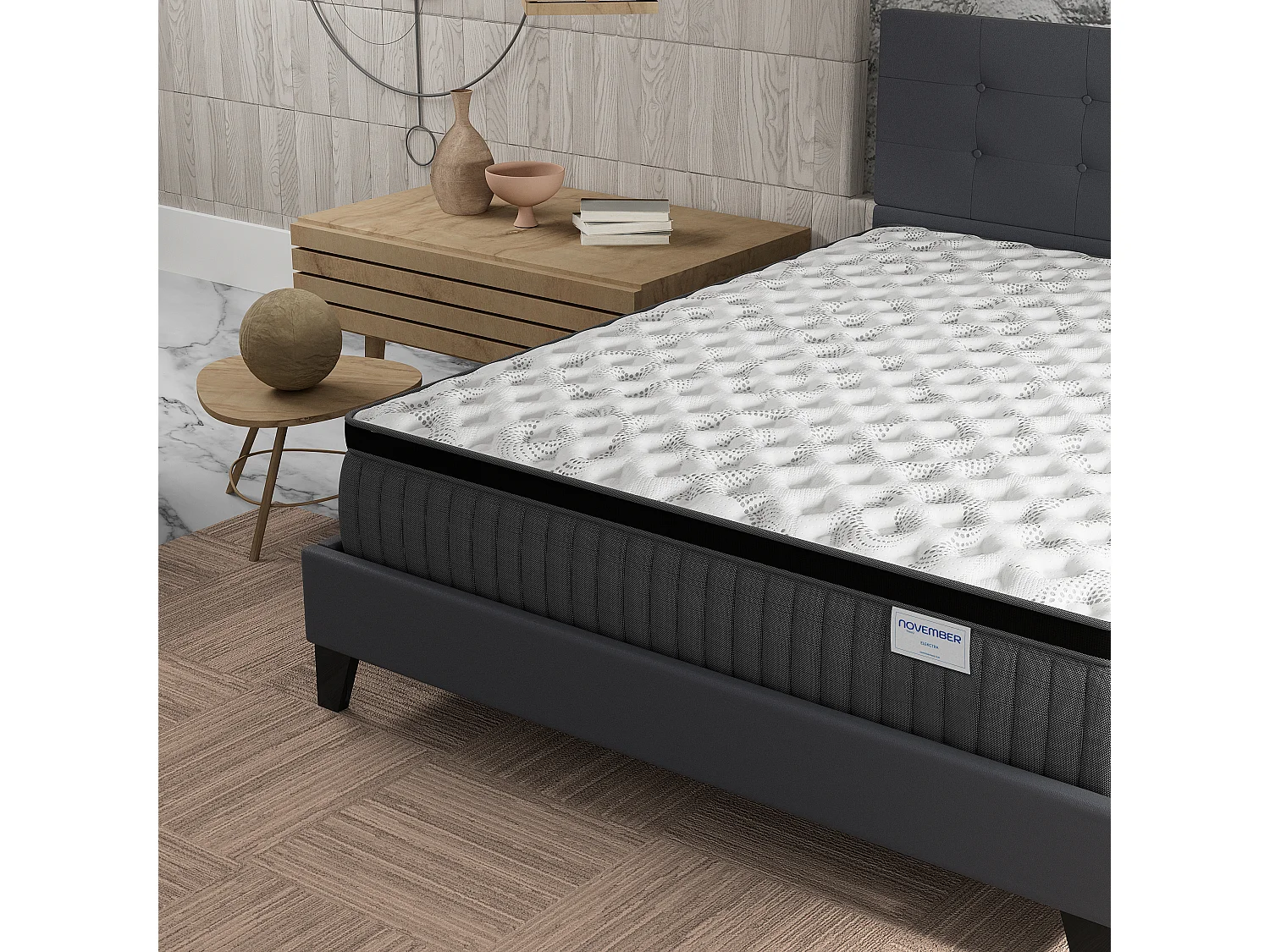 Ensemble matelas + lit 140x200 cm, matelas 30cm ressorts ensachés + mémoire de forme, lit à tête de lit capitonnée similicuir gris
