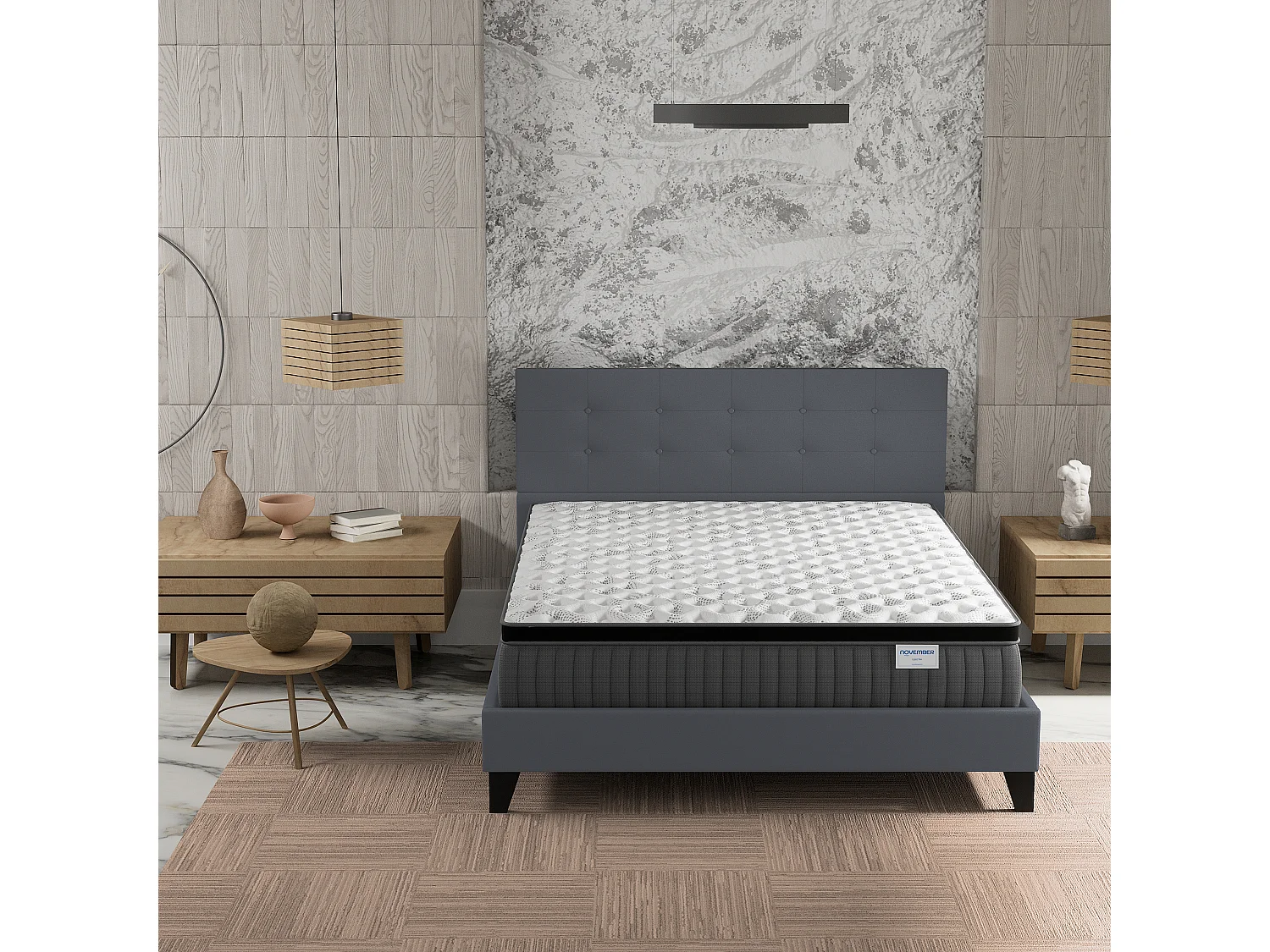 Ensemble matelas + lit 140x200 cm, matelas 30cm ressorts ensachés + mémoire de forme, lit à tête de lit capitonnée similicuir gris