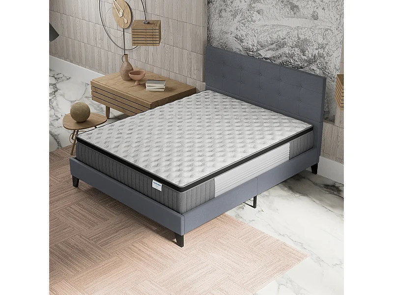 Ensemble matelas + lit 140x200 cm, matelas 30cm ressorts ensachés + mémoire de forme, lit à tête de lit capitonnée similicuir gris