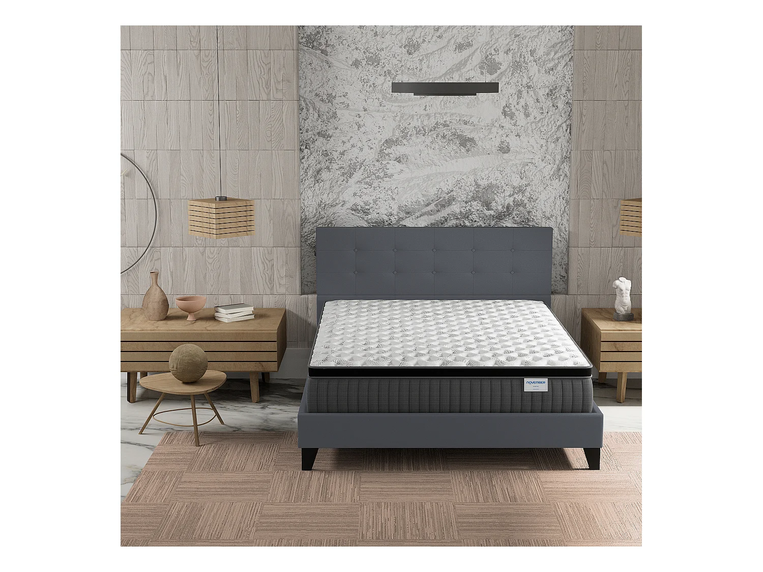 Ensemble matelas + lit 140x190 cm, matelas 30cm ressorts ensachés + mémoire de forme, lit à tête de lit capitonnée similicuir gris