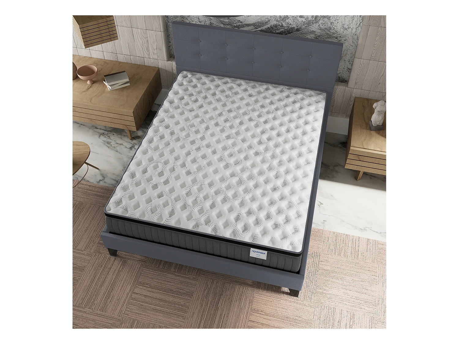 Ensemble matelas + lit 140x190 cm, matelas 30cm ressorts ensachés + mémoire de forme, lit à tête de lit capitonnée similicuir gris