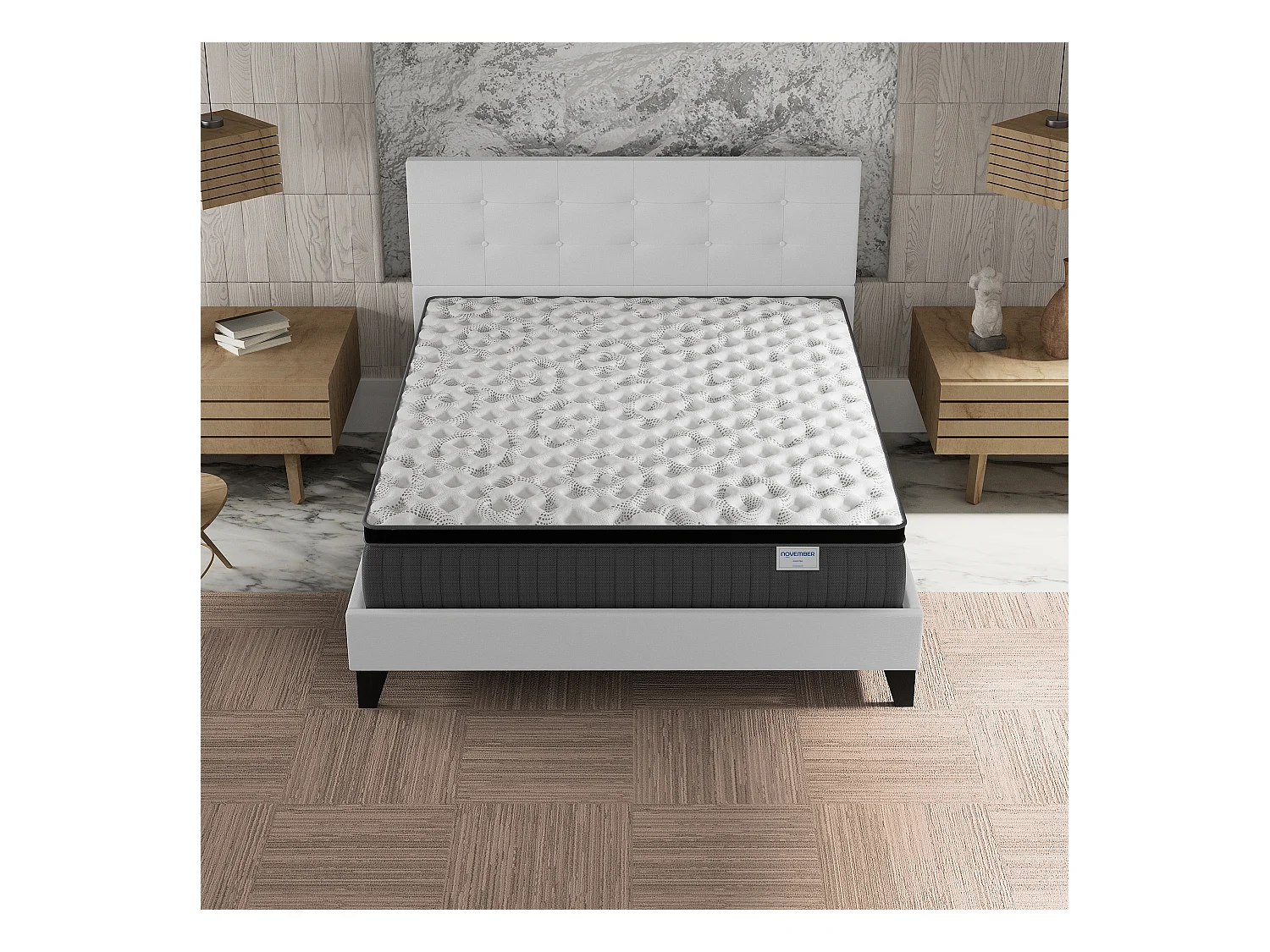 Ensemble matelas + lit 160x200 cm, matelas 30cm ressorts ensachés + mémoire de forme, lit à tête de lit capitonnée similicuir blanc