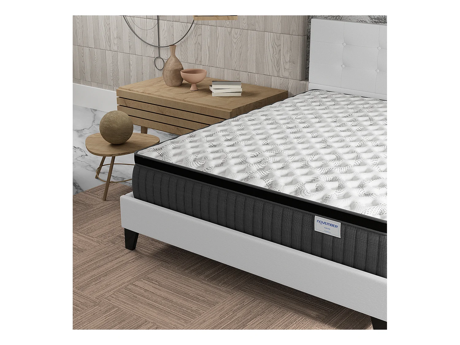 Ensemble matelas + lit 160x200 cm, matelas 30cm ressorts ensachés + mémoire de forme, lit à tête de lit capitonnée similicuir blanc