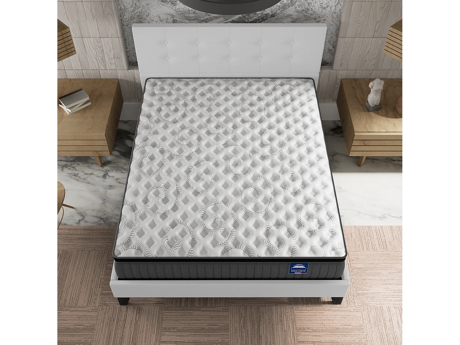 Ensemble matelas + lit 160x200 cm, matelas 30cm ressorts ensachés + mémoire de forme, lit à tête de lit capitonnée similicuir blanc