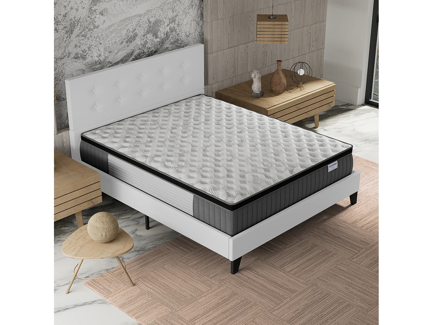 Ensemble matelas + lit 160x200 cm, matelas 30cm ressorts ensachés + mémoire de forme, lit à tête de lit capitonnée similicuir blanc