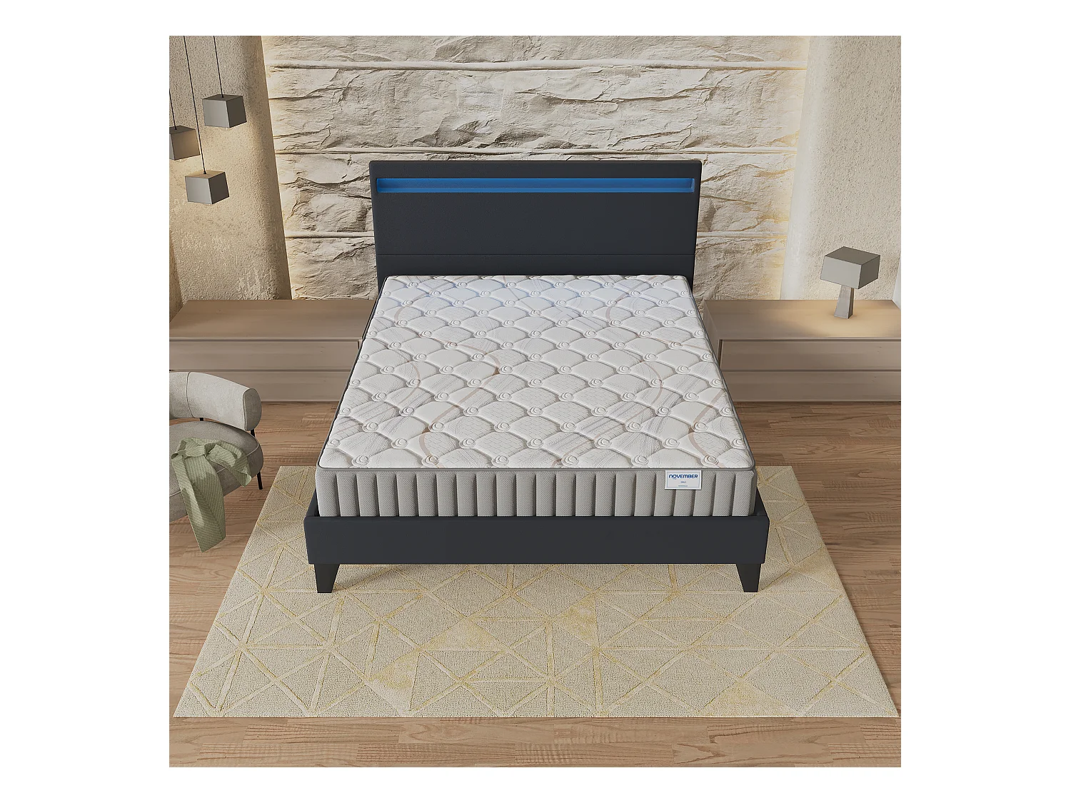 Ensemble Matelas + lit 140x190 cm, Matelas 22cm mousse, accueil latex, lit à tête de lit LED similicuir noir