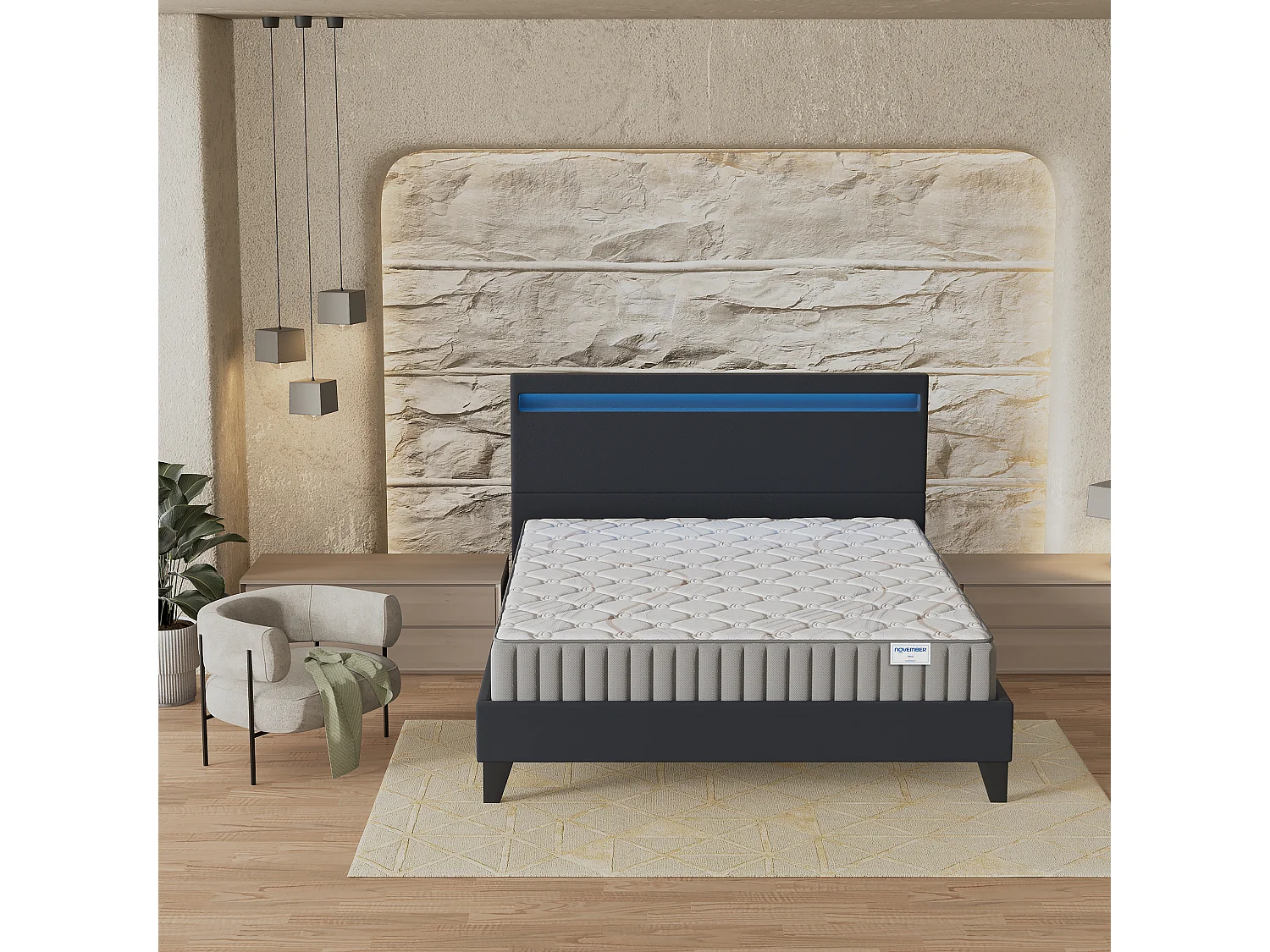 Ensemble Matelas + lit 140x190 cm, Matelas 22cm mousse, accueil latex, lit à tête de lit LED similicuir noir