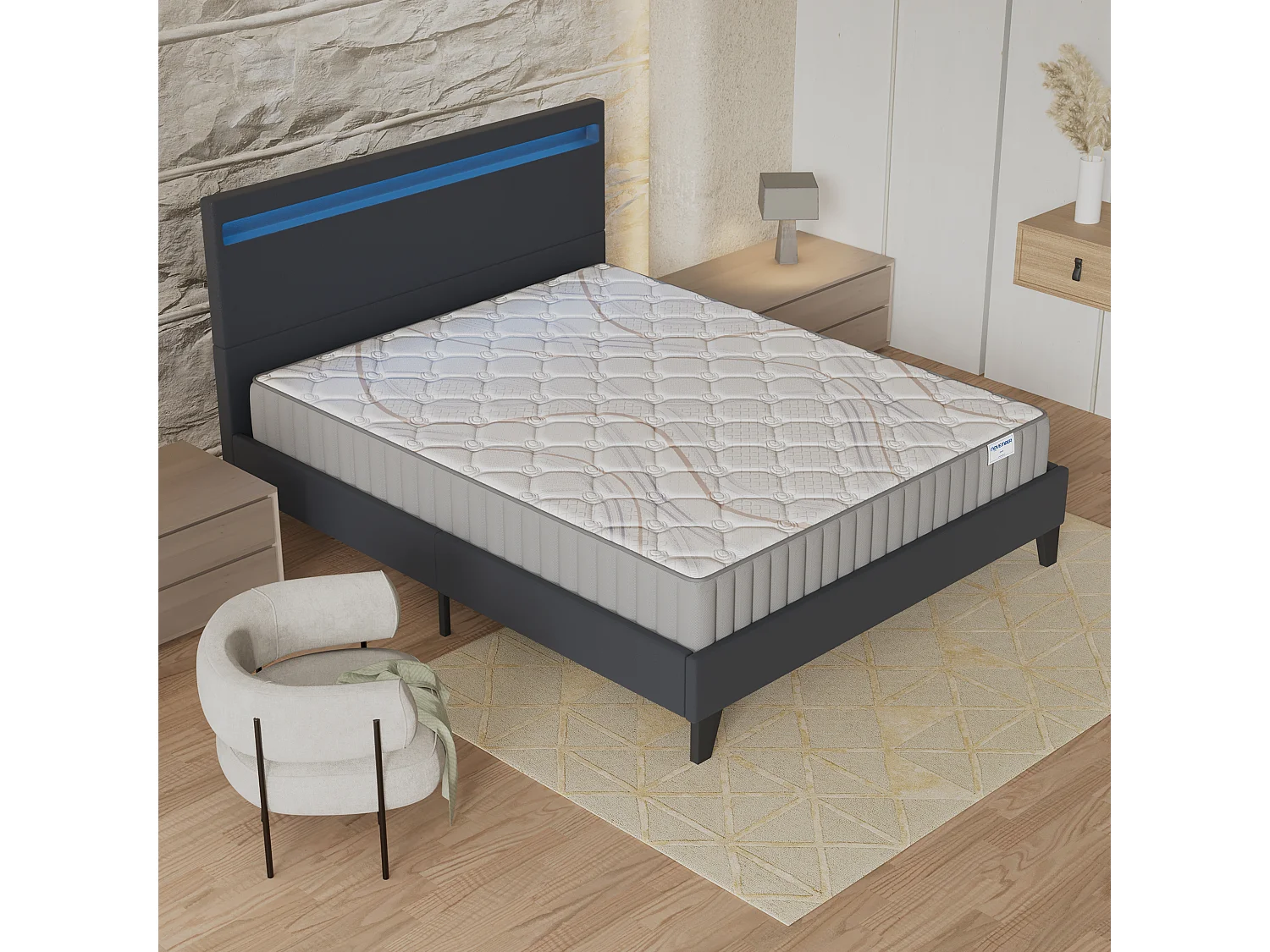 Ensemble Matelas + lit 140x190 cm, Matelas 22cm mousse, accueil latex, lit à tête de lit LED similicuir noir