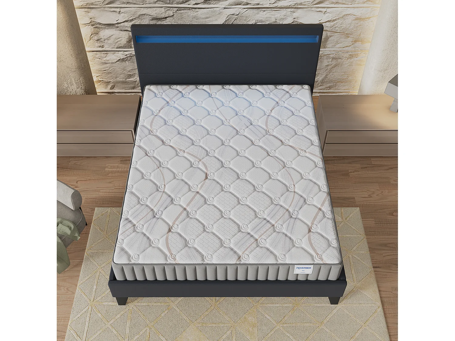 Ensemble Matelas + lit 140x190 cm, Matelas 22cm mousse, accueil latex, lit à tête de lit LED similicuir noir