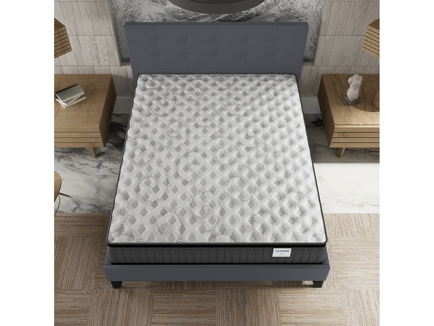 Ensemble matelas + lit 120x190 cm, matelas 30cm ressorts ensachés + mémoire de forme, lit à tête de lit capitonnée similicuir gris