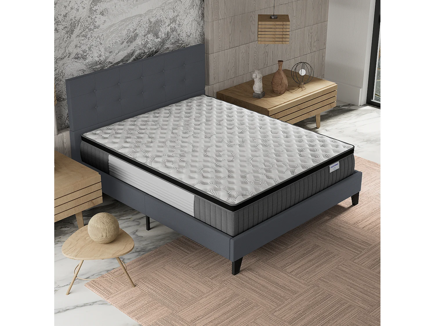 Ensemble matelas + lit 120x190 cm, matelas 30cm ressorts ensachés + mémoire de forme, lit à tête de lit capitonnée similicuir gris