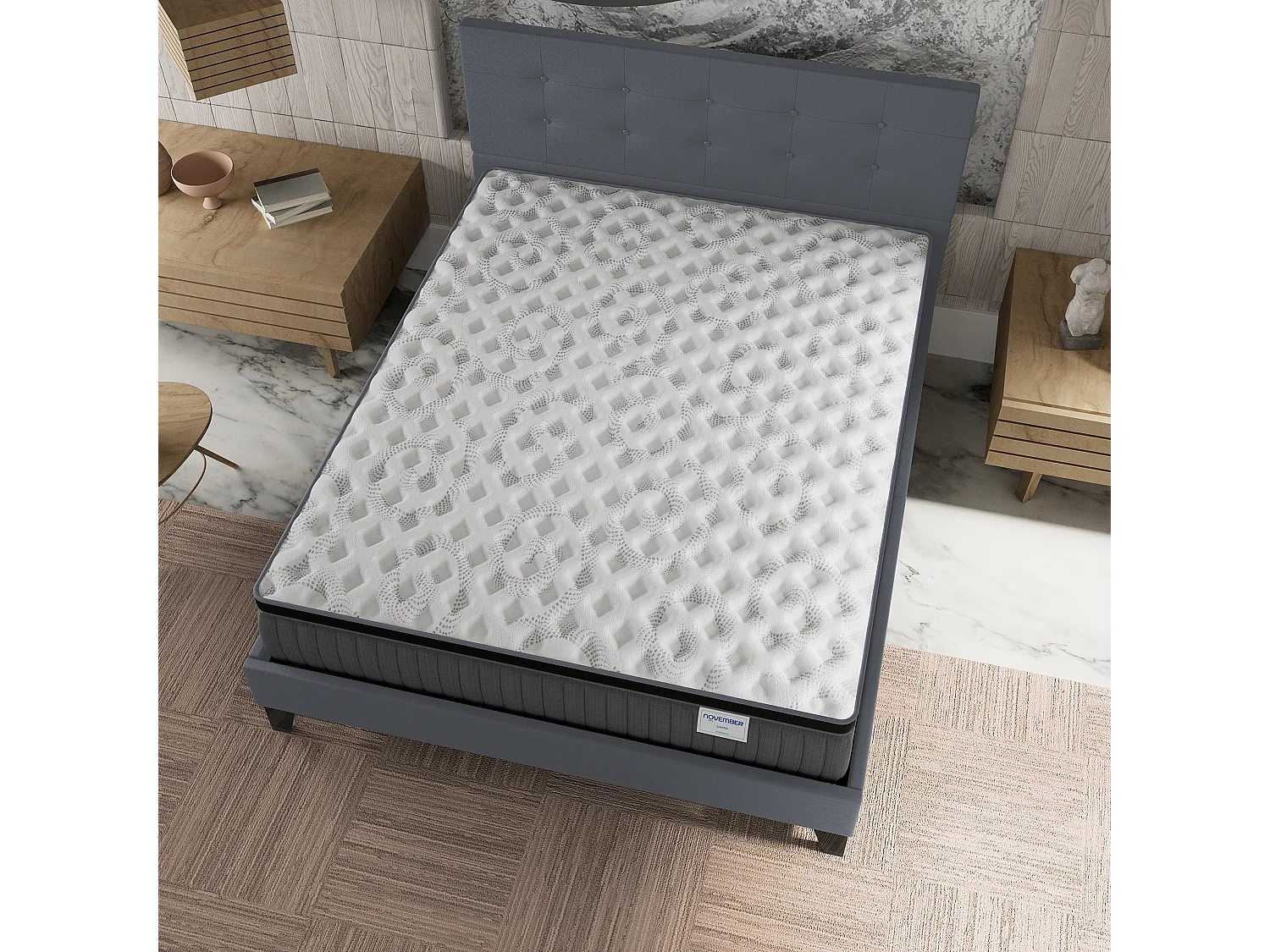 Ensemble matelas + lit 120x190 cm, matelas 30cm ressorts ensachés + mémoire de forme, lit à tête de lit capitonnée similicuir gris