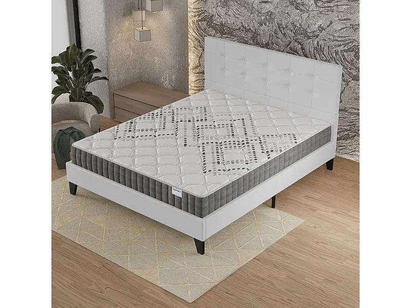 Ensemble 140x190 cm, lit avec tête de lit + matelas ressorts ensachés, ép.20cm accueil mousse HR