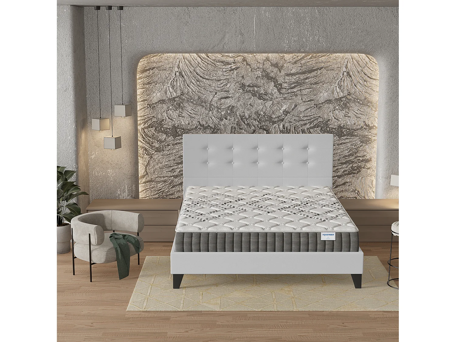 Ensemble 140x190 cm, lit avec tête de lit + matelas ressorts ensachés, ép.20cm accueil mousse HR