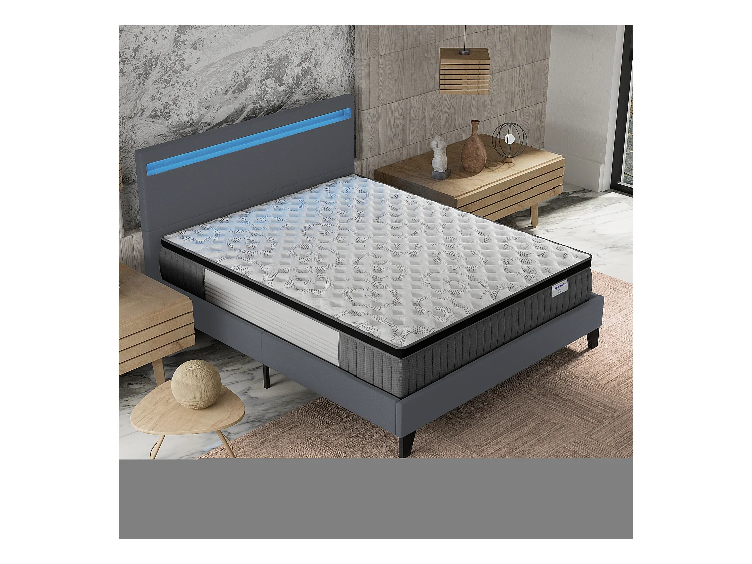 Ensemble Matelas + lit 160x200 cm, Matelas 30cm ressorts ensachés + mémoire de forme, lit à tête de lit LED similicuir gris