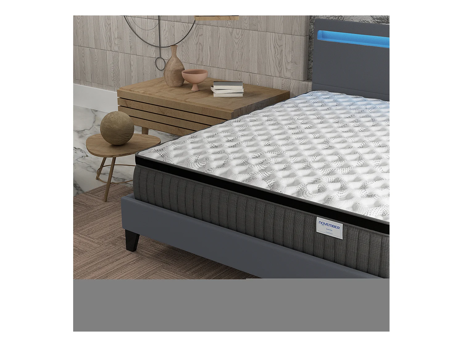 Ensemble Matelas + lit 160x200 cm, Matelas 30cm ressorts ensachés + mémoire de forme, lit à tête de lit LED similicuir gris
