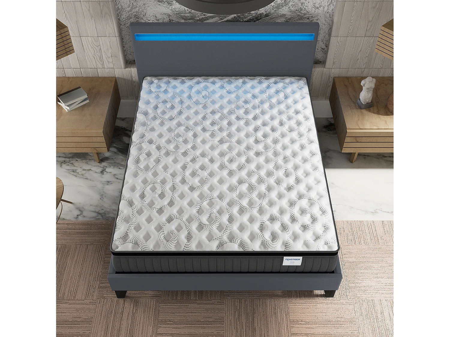 Ensemble Matelas + lit 160x200 cm, Matelas 30cm ressorts ensachés + mémoire de forme, lit à tête de lit LED similicuir gris