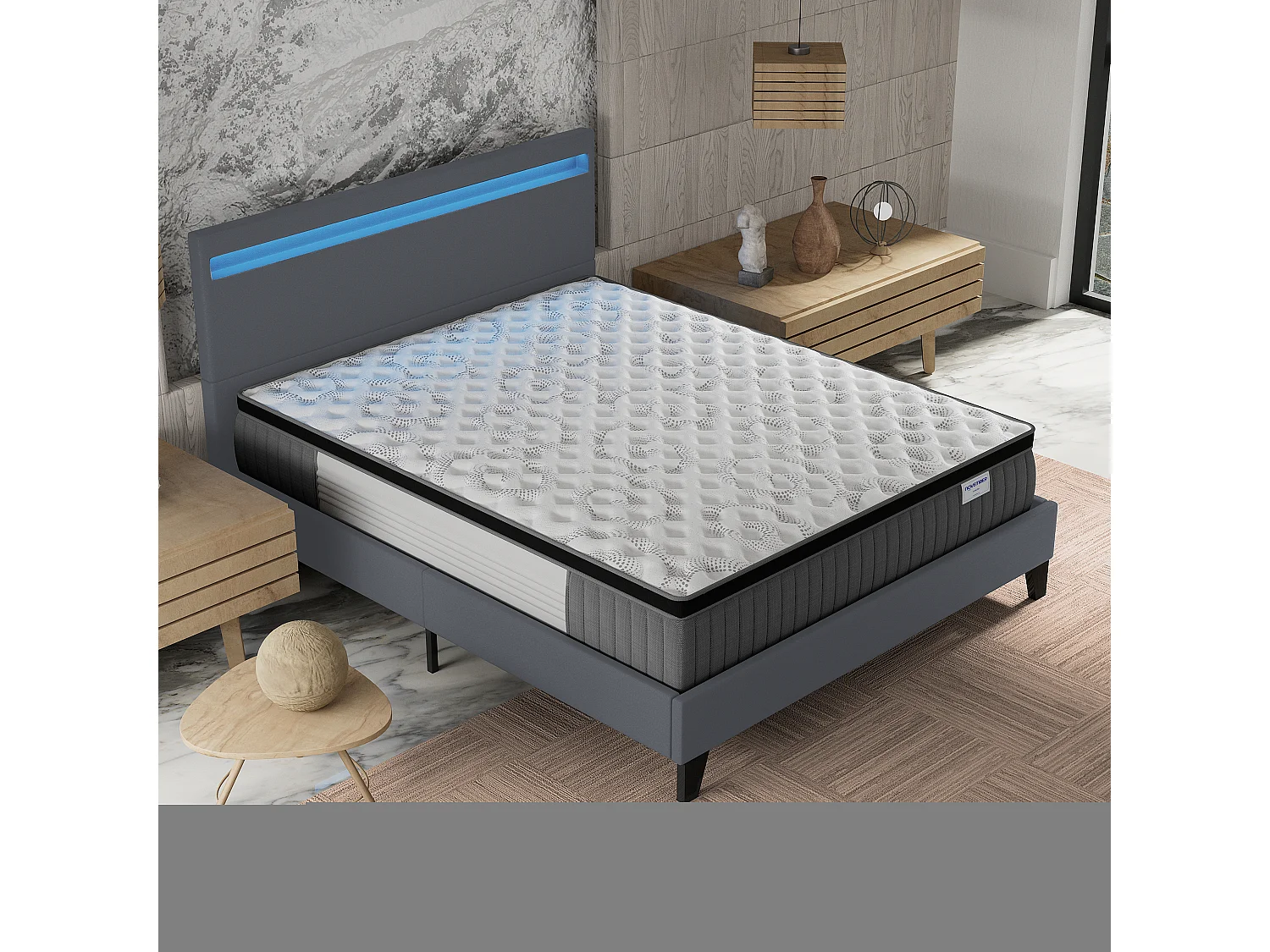 Ensemble Matelas + lit 160x200 cm, Matelas 30cm ressorts ensachés + mémoire de forme, lit à tête de lit LED similicuir gris