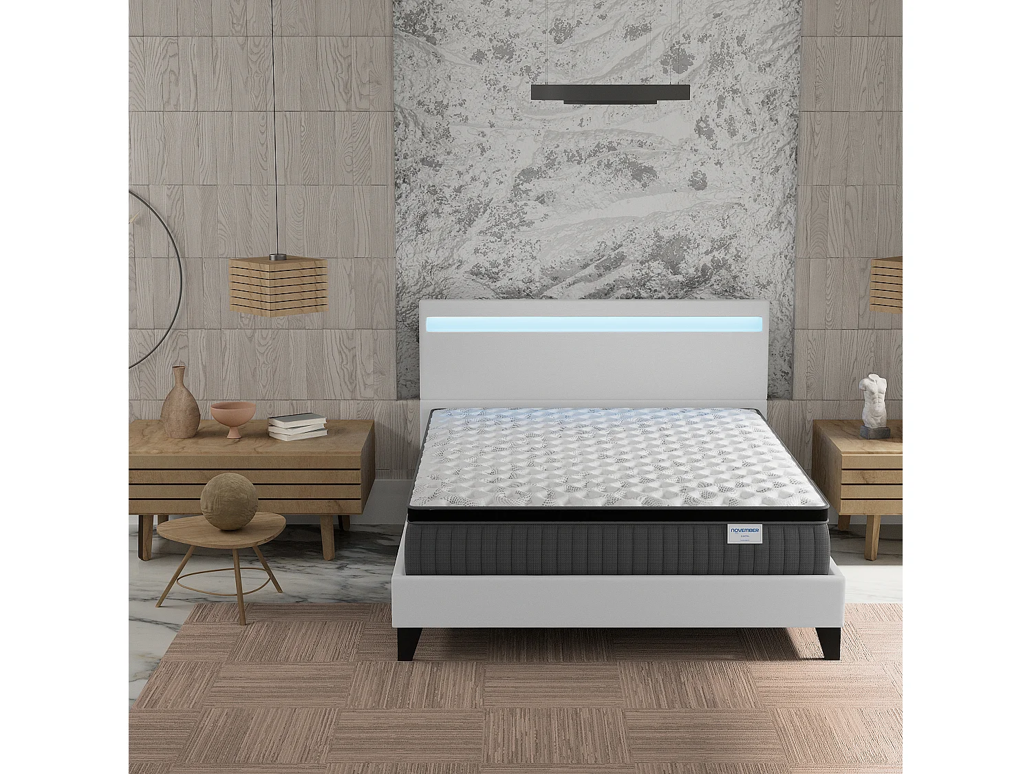 Ensemble matelas + lit 140x200 cm, matelas 30cm ressorts ensachés + mémoire de forme, lit à tête de lit LED similicuir blanc