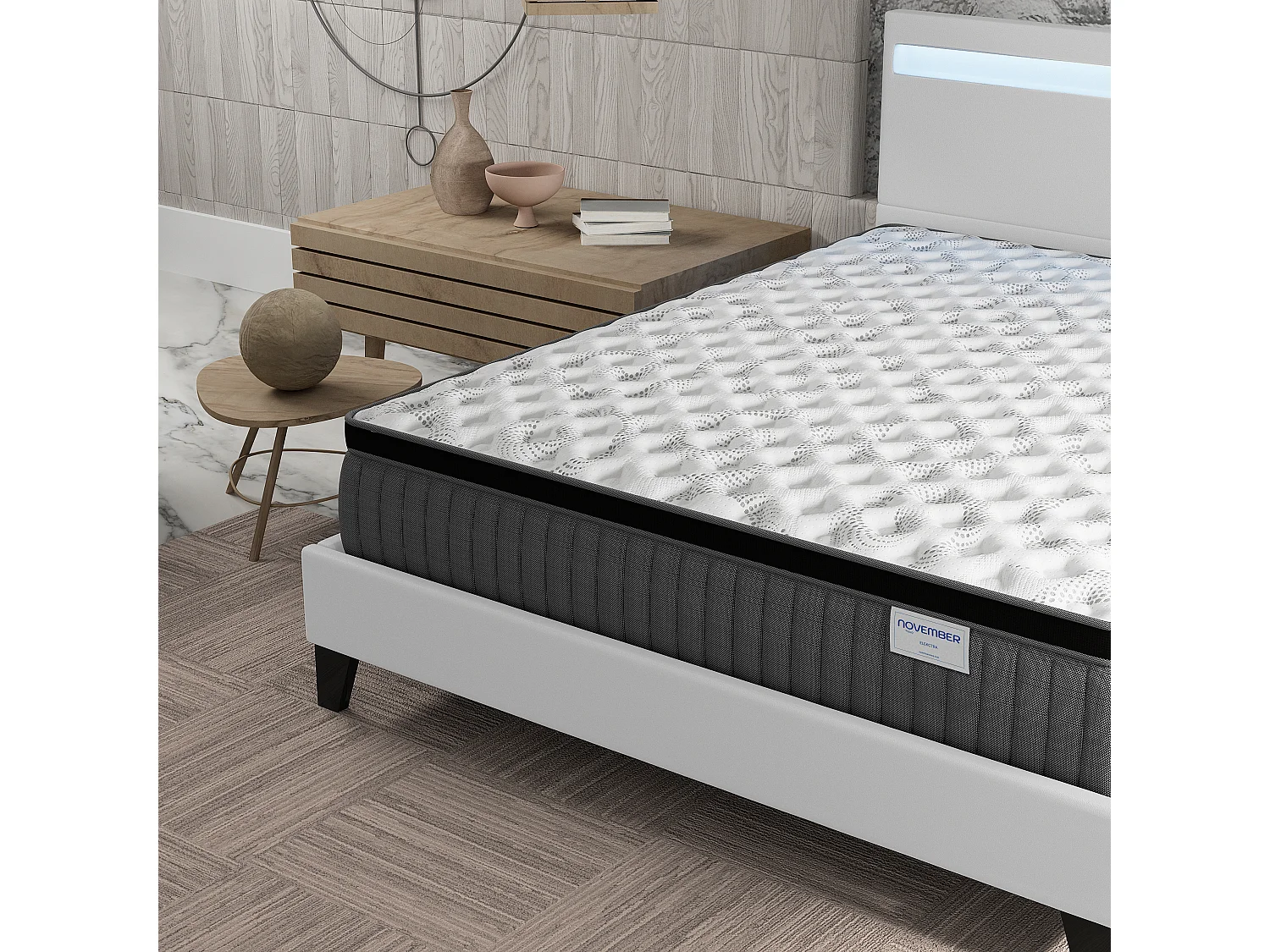 Ensemble matelas + lit 140x200 cm, matelas 30cm ressorts ensachés + mémoire de forme, lit à tête de lit LED similicuir blanc