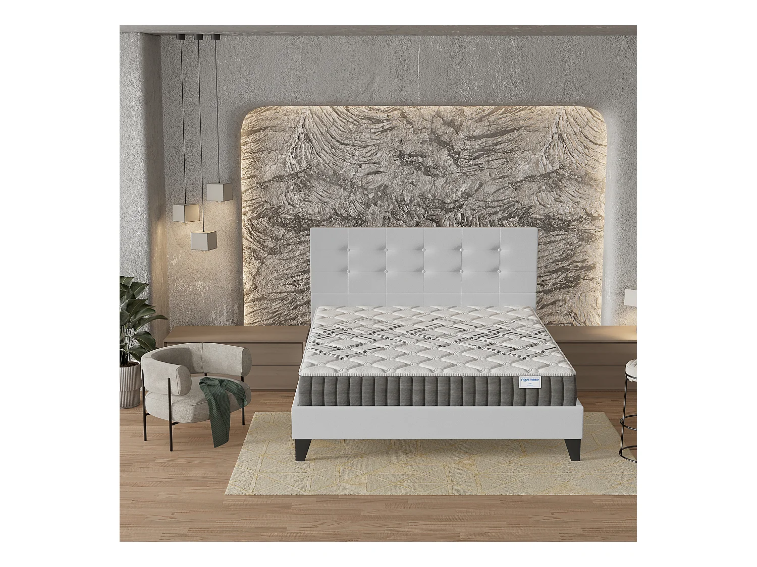 Ensemble 160x200 cm, lit avec tête de lit + matelas ressorts ensachés, ép.20cm accueil mousse HR